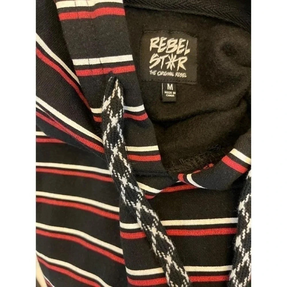NWOT Rebel Star Strip Cotton‎ Blend Hooded Sweatshirt M GAME OVER AOP on Sleeves